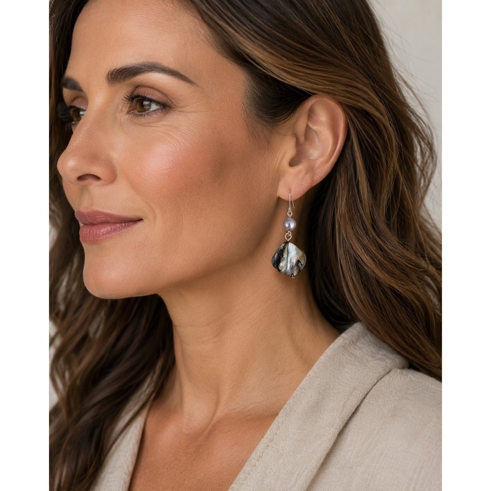 Abalone Shell & Purple Pearl Dangle Earrings Boho Coastal Style Drop Jewelry‎